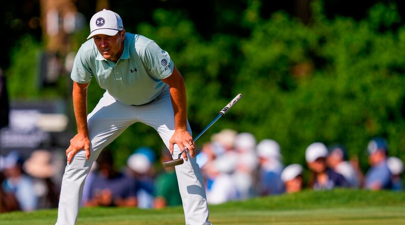Jordan Spieth lines up his shot on the 11th green during the second round of the Cadillac Championship PGA golf tournament Friday, May 1, 2026, in Doral, Fla. (AP Photo/David J. Phillip)