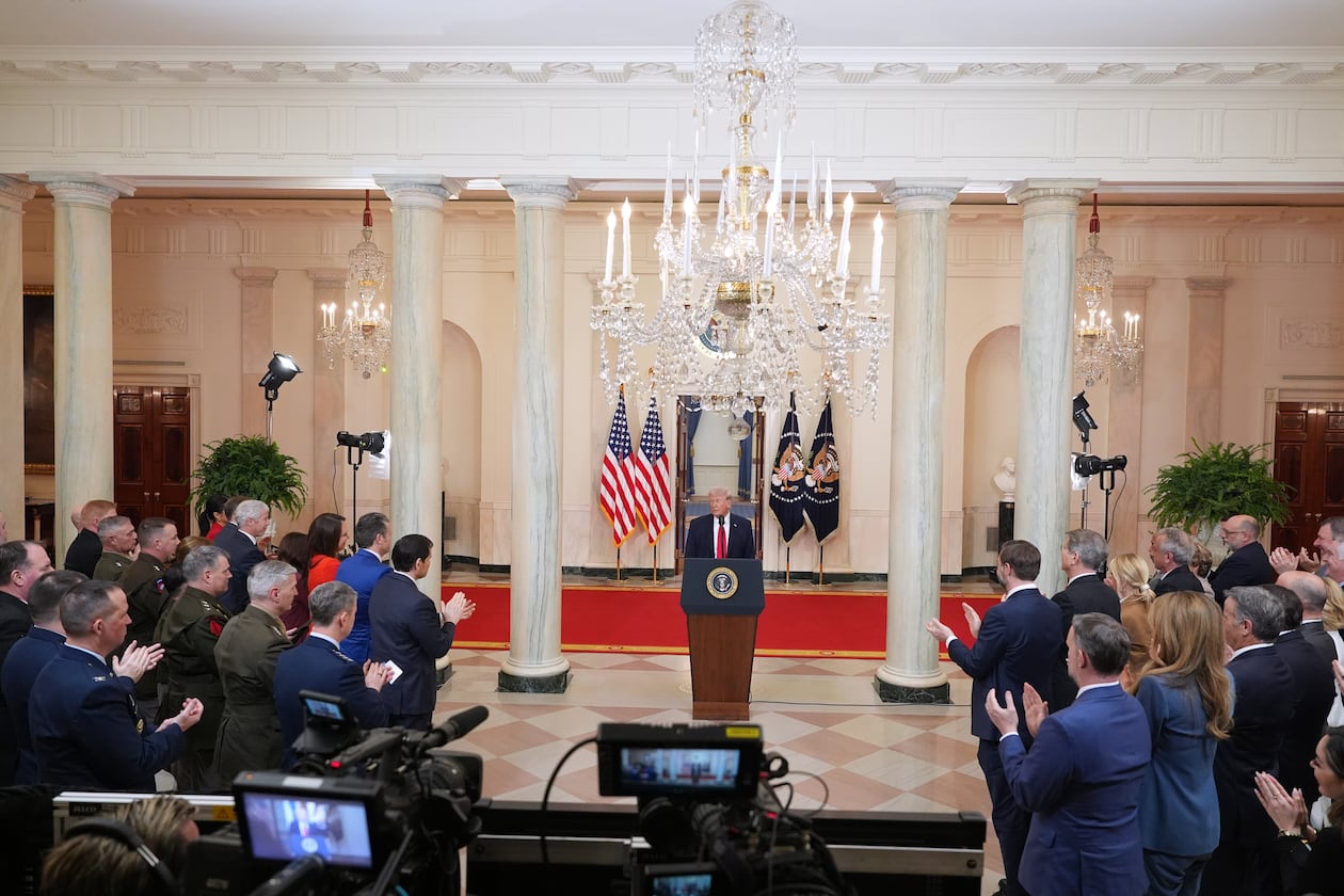 President Donald Trump concludes his speech about the Iran war from the Cross Hall of the White House on Wednesday, April 1, 2026, in Washington. (Alex Brandon/AP Pool)
