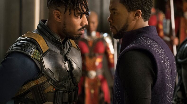 Erik Killmonger (Michael B. Jordan) and T'Challa/Black Panther (Chadwick Boseman) don't see eye to eye on Wakanda's future in "Black Panther."