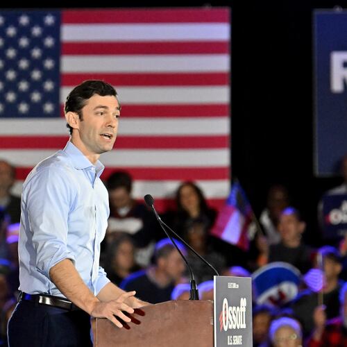 U.S. Sen. Jon Ossoff speaks during a rally at College Park's Georgia International Convention Center in February. (Hyosub Shin/AJC)