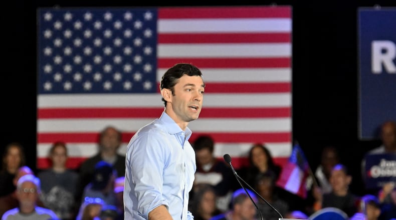 U.S. Sen. Jon Ossoff speaks during a rally at College Park's Georgia International Convention Center in February. (Hyosub Shin/AJC)