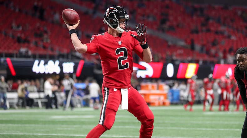 12/07/2017 -- Atlanta, GA, - Atlanta Falcons quarterback Matt Ryan (2) practices before the start of the game against the New Orleans Saints at Mercedes-Benz Stadium, Thursday, December 7, 2017. ALYSSA POINTER/ALYSSA.POINTER@AJC.COM