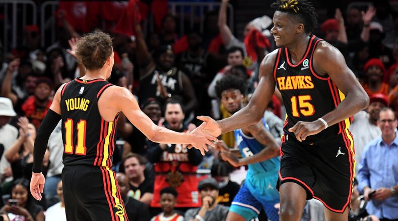 Hawks guard Trae Young (11) and center Clint Capela will try to return to the playoffs this season. The 2022-23 NBA schedule was released Wednesday. (Hyosub Shin / Hyosub.Shin@ajc.com)