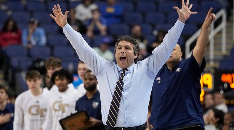 Georgia Tech head coach Josh Pastner yells during the second half of an NCAA college basketball game against Pittsburgh at the Atlantic Coast Conference Tournament, Wednesday, March 8, 2023, in Greensboro, N.C. (AP Photo/Chris Carlson)
