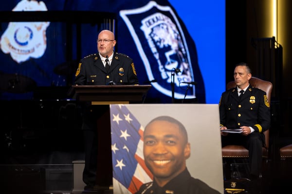 DeKalb County Interim Police Chief Gregory Padrick speaks during the memorial service of DeKalb County police Officer David Rose at First Baptist Church Atlanta on Friday, Aug. 22, 2025.  (Arvin Temkar/AJC)