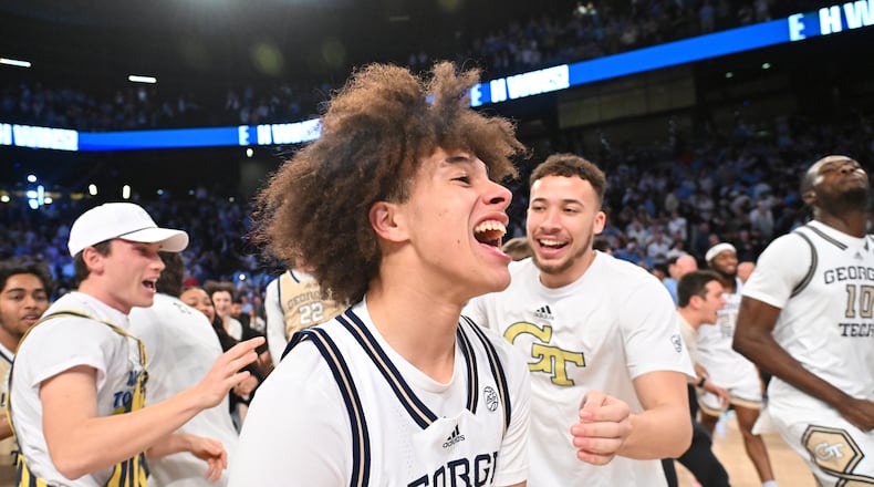 Georgia Tech guard Naithan George (2) celebrates their victory over North Carolina in an NCAA college basketball game at Georgia Tech’s McCamish Pavilion, Tuesday, January 30, 2024, in Atlanta. Georgia Tech won 74-73 over North Carolina. (Hyosub Shin / Hyosub.Shin@ajc.com)