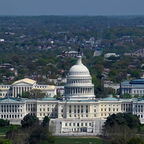 The U.S. Capitol, center, is seen with the Supreme Court of the United States, left, and the Library of Congress, right, Thursday, April 9, 2026, in Washington. (AP Photo/Rod Lamkey, Jr.)