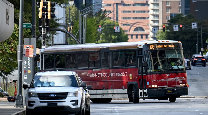 A Gwinnett County Transit bus arrives at the Civic Center MARTA station, Thursday, September 19, 2024, in Atlanta. Gwinnett and Cobb County voters will vote on a transit expansion tax this November. (Hyosub Shin / AJC)