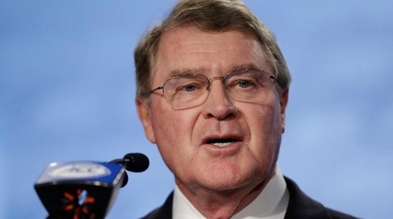 ACC Commissioner John Swofford speaks to the media during the Atlantic Coast Conference NCAA college football media day in Charlotte, N.C., Thursday, July 13, 2017. (AP Photo/Chuck Burton)