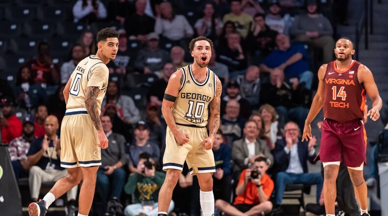 Georgia Tech guards Jose Alvarado (10) and Michael Devoe (0) on the court in the Yellow Jackets' 76-57 win over Virginia Tech February 4, 2020 at McCamish Pavilion. (Danny Karnik/Georgia Tech Athletics)