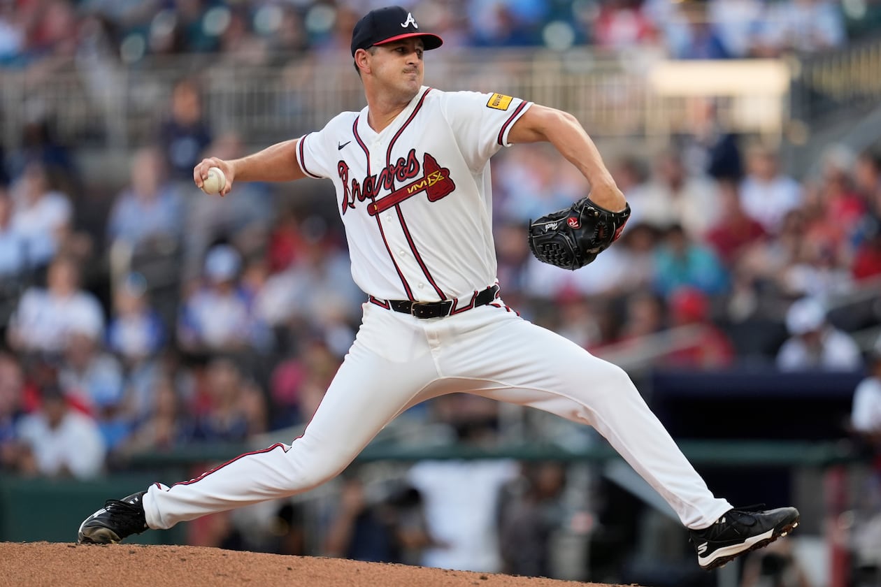 Atlanta Braves pitcher Tyler Mahle (54) works in the second inning of a baseball game against the New York Mets, Wednesday, Aug. 12, 2026, in Atlanta. (AP Photo/Mike Stewart)