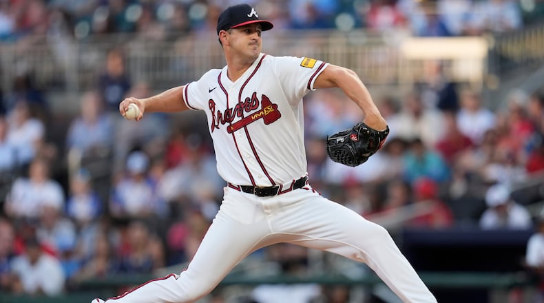 Braves pitcher Tyler Mahle works against the New York Mets on Wednesday, Aug. 12, 2026, in Atlanta. The starter spun together a stellar six-inning showing during the Braves’ 6-3 win. (Mike Stewart/AP)