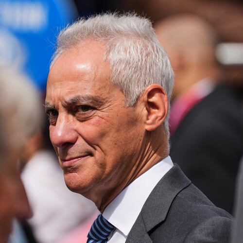 Former White House Chief of Staff Rahm Emanuel mingles ahead of the Obama Presidential Center dedication ceremony Thursday, June 18, 2026, in Chicago. (AP Photo/Alex Brandon)