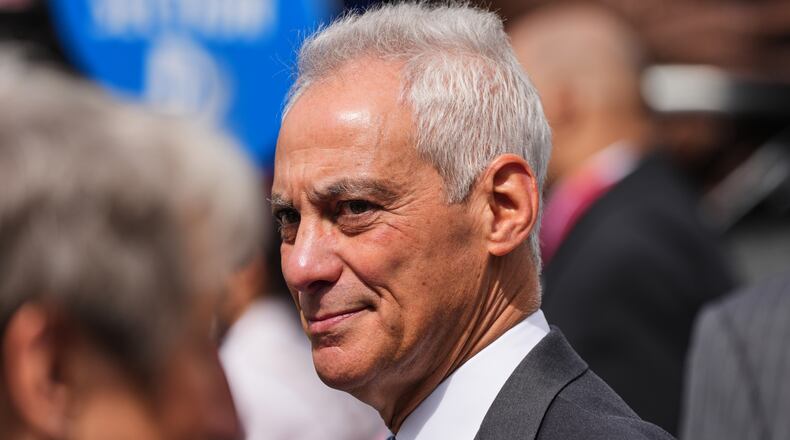 Former White House Chief of Staff Rahm Emanuel mingles ahead of the Obama Presidential Center dedication ceremony Thursday, June 18, 2026, in Chicago. (AP Photo/Alex Brandon)