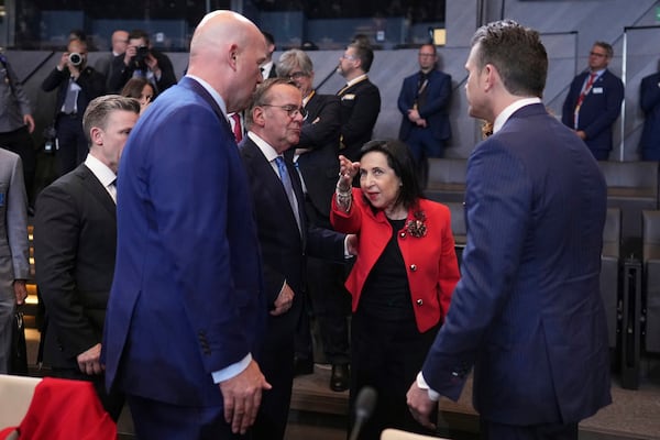 FILE- From left, Sweden's Defense Minister Pal Jonson, US Ambassador to NATO Matthew Whitaker, Germany's Defense Minister Boris Pistorius, Spain's Defense Minister Margarita Robles and Defense Secretary Pete Hegseth during a meeting of NATO defense ministers at NATO headquarters in Brussels, June 5, 2025. (AP Photo/Virginia Mayo, File)