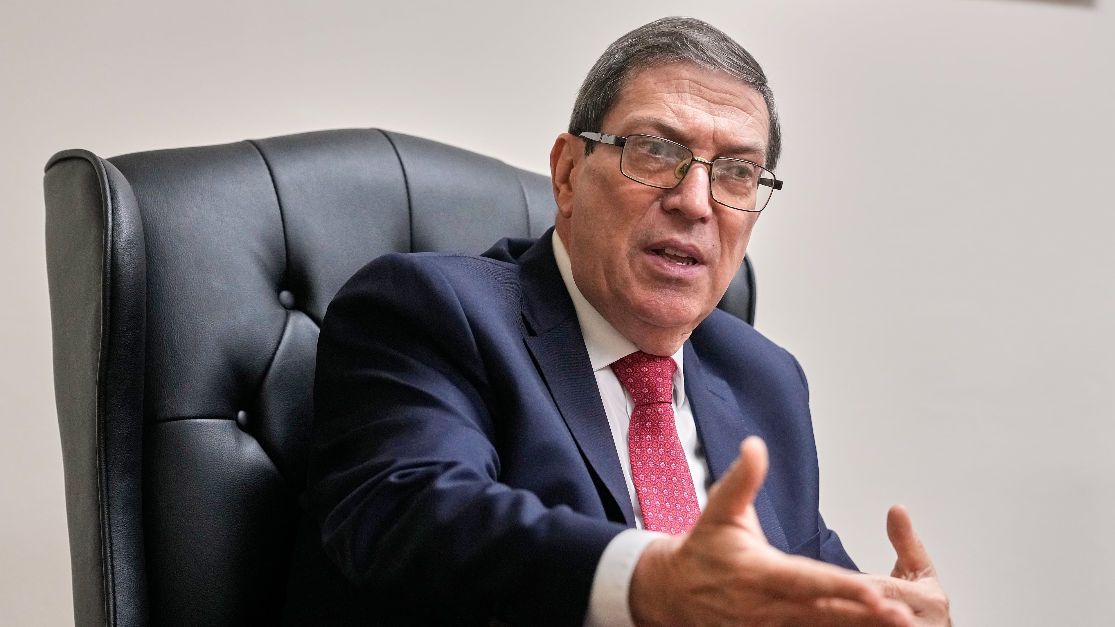 Cuba's Foreign Minister Bruno Rodriguez Parrilla speaks during an interview with The Associated Press at the Permanent Mission of Cuba to the United Nations, in New York, Tuesday, Sept. 30, 2025. (AP Photo/Richard Drew)
