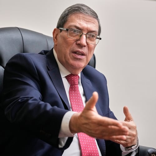 Cuba's Foreign Minister Bruno Rodriguez Parrilla speaks during an interview with The Associated Press at the Permanent Mission of Cuba to the United Nations, in New York, Tuesday, Sept. 30, 2025. (AP Photo/Richard Drew)