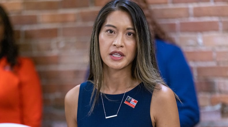 Bee Nguyen, running for Secretary of State, speaks to the press at the Democratic Party of Georgia’s State Convention in Columbus, Georgia, Saturday, August 27, 2022. Schaefer/steve.schaefer@ajc.com)
