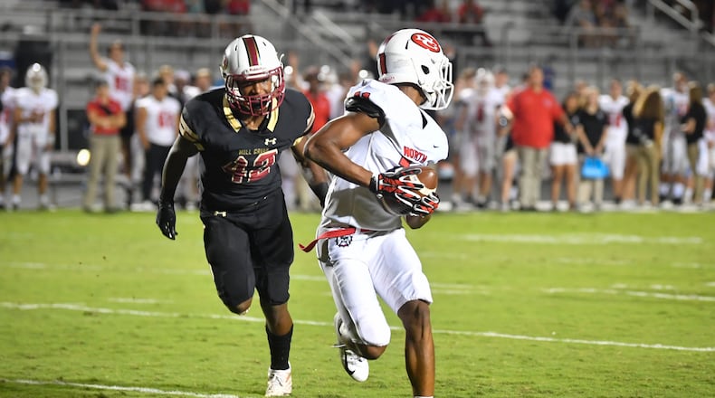 North Gwinnett WR Josh Downs catches a pass in the endzone as Mill Creek's Caleb Downs defends during Friday's game in Hoschton. (John Amis/Special)
