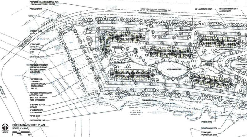 Had it been approved, developers would have built 361 apartments as part of a mixed-use project on University Parkway between Buford Drive and Collins Hill Road. (Courtesy City of Lawrenceville)