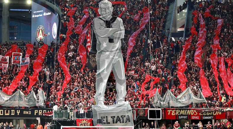 Nov 11, 2018 Atlanta: Atlanta United fans raise a tifo of head coach Gerardo Martino to start the game against New York City during the first half in their MLS Eastern Conference Semifinal playoff match on Sunday, Nov. 11, 2018, in Atlanta. Curtis Compton/ccompton@ajc.com
