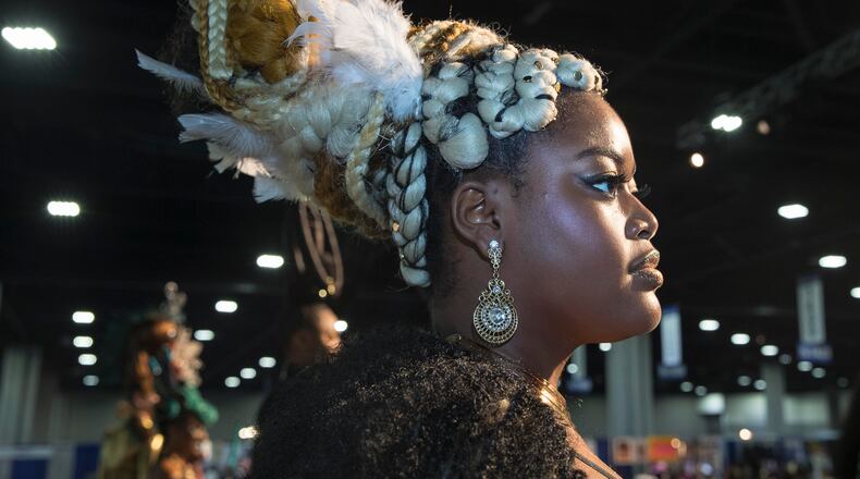 08/05/2018 -- Atlanta, Georgia -- A Fantasy hair model shows off her hairstyle during the competition at the Spring 2018 Bronner Brothers International Beauty Show at the Georgia World Congress Center in Atlanta, Sunday, August 5, 2018.  (ALYSSA POINTER/ALYSSA.POINTER@AJC.COM)