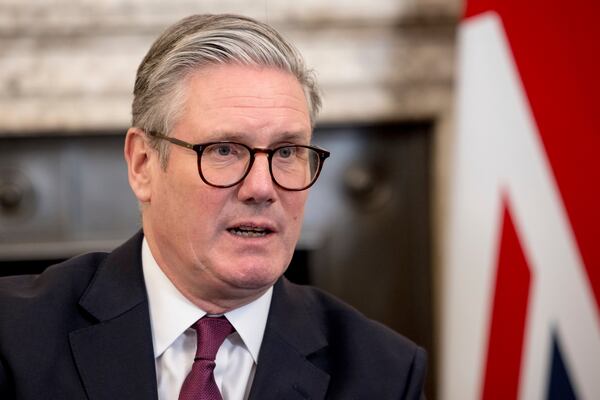 British Prime Minister Keir Starmer holds a roundtable meeting at Number 10 Downing Street in London, Monday March 31, 2025. (Jack Taylor/Pool Photo via AP)
