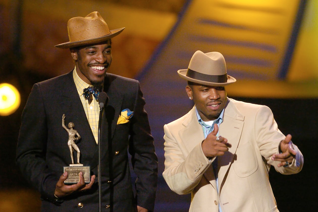 Outkast members André 3000 (left) and Big Boi accept the 2004 Sammy Davis Jr. Award for “Entertainer of the Year, Male″ at the Soul Train Music Awards on Saturday, March 20, 2004, in Los Angeles. The pioneering Atlanta hip-hop duo is set to be inducted into the Rock & Roll Hall of Fame this Saturday. (Mark J. Terrill/AP 2004)