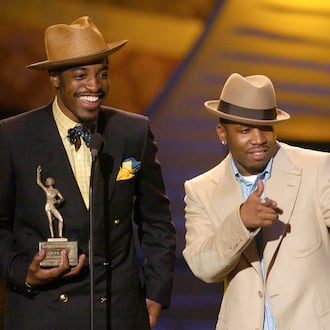 Outkast members André 3000 (left) and Big Boi accept the 2004 Sammy Davis Jr. Award for “Entertainer of the Year, Male″ at the Soul Train Music Awards on Saturday, March 20, 2004, in Los Angeles. The pioneering Atlanta hip-hop duo is set to be inducted into the Rock & Roll Hall of Fame this Saturday. (Mark J. Terrill/AP 2004)