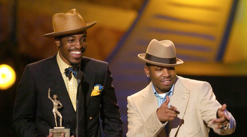 Outkast members André 3000 (left) and Big Boi accept the 2004 Sammy Davis Jr. Award for “Entertainer of the Year, Male″ at the Soul Train Music Awards on Saturday, March 20, 2004, in Los Angeles. The pioneering Atlanta hip-hop duo is set to be inducted into the Rock & Roll Hall of Fame this Saturday. (Mark J. Terrill/AP 2004)