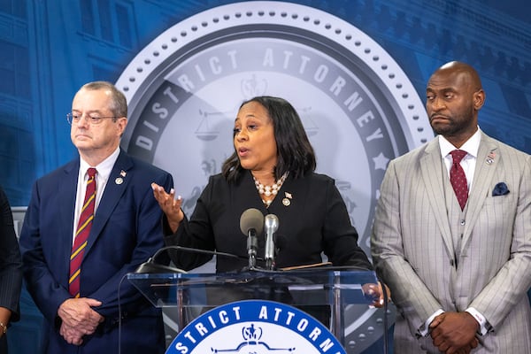 Fulton County District Attorney Fani Willis speaks at a press conference at Fulton County Government Center in Atlanta on Monday, August 14, 2023, following the indictment in an election interference case against former President Donald Trump and others. (Arvin Temkar / arvin.temkar@ajc.com)
