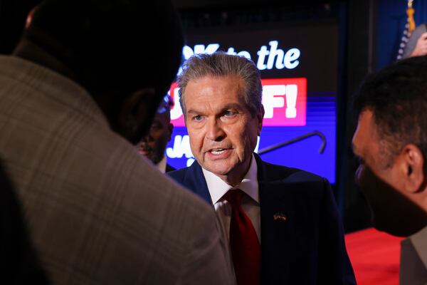 Georgia Republican nominee for governor Rick Jackson greets supporters at his election night party at the Omni at the Battery after the primary elections in May. (Jason Getz/AJC)