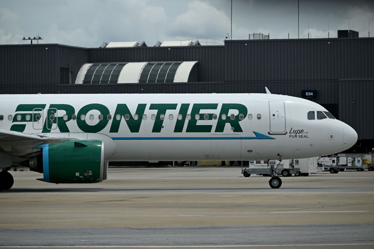 A Frontier airplane at Hartsfield-Jackson Atlanta International Airport on Thursday, May 28, 2026, in Atlanta. (Hyosub Shin/AJC)