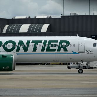 A Frontier airplane at Hartsfield-Jackson Atlanta International Airport on Thursday, May 28, 2026, in Atlanta. (Hyosub Shin/AJC)