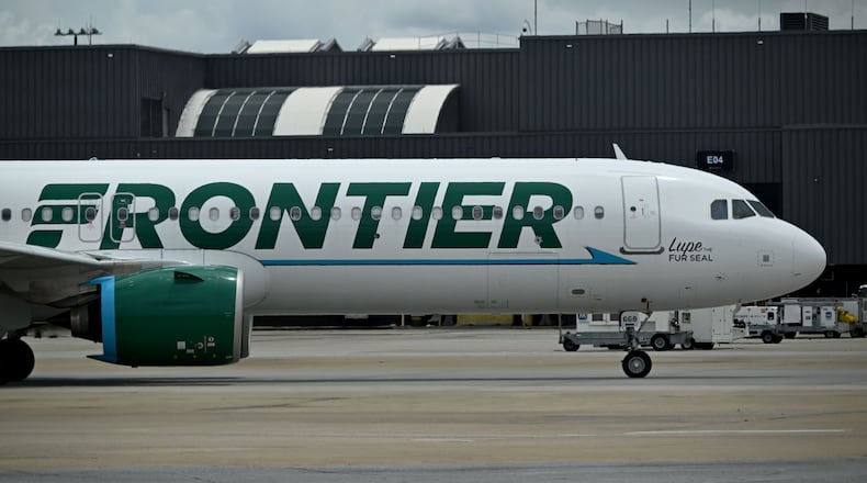 A Frontier airplane at Hartsfield-Jackson Atlanta International Airport on Thursday, May 28, 2026, in Atlanta. (Hyosub Shin/AJC)