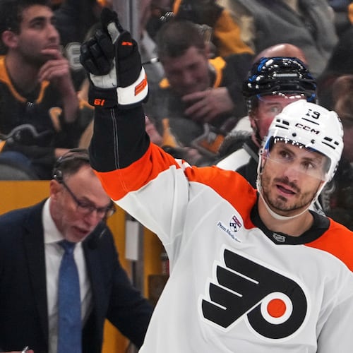 Philadelphia Flyers' Garnet Hathaway celebrates after scoring during the second period of Game 2 in the first round of the NHL Stanley Cup playoffs against the Pittsburgh Penguins in Pittsburgh, Monday, April 20, 2026. (AP Photo/Gene J. Puskar)