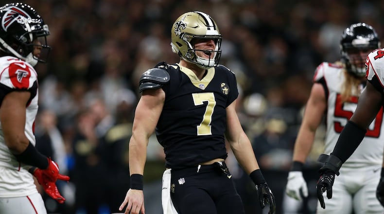 NEW ORLEANS, LOUISIANA - NOVEMBER 22: Taysom Hill #7 of the New Orleans Saints reacts during the second half against the Atlanta Falcons at the Mercedes-Benz Superdome on November 22, 2018 in New Orleans, Louisiana. (Photo by Sean Gardner/Getty Images)