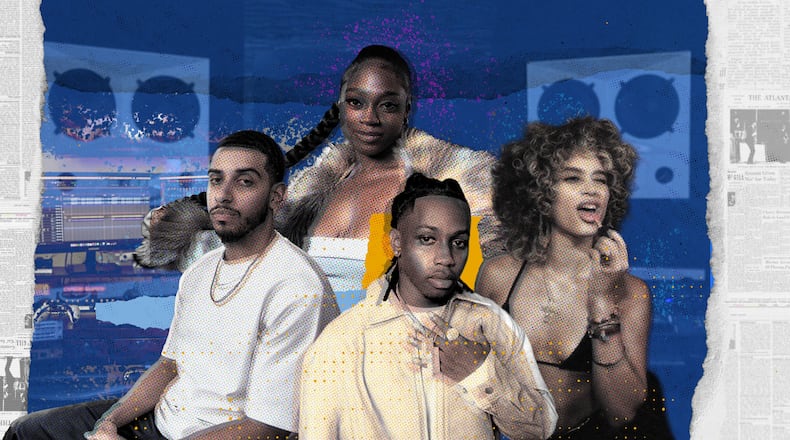 (Clockwise from left): Will Hill, Jai'Len Josey, Maleigh Zan and LG Malique are Georgia artists to watch in 2025. Graphic by Jonathan Reyes. Photo credit: Jenni Girtman, Jason Getz, Maseo Refuerzo, Malachi Wheeler