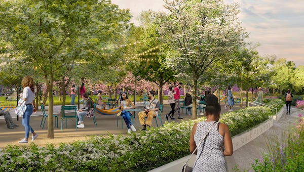 This is a rendering of a planned public space called Garden Rooms within the first phase of the Stitch. It was unveiled Wednesday, Oct. 22, 2025, during the inaugural Downtown Day hosted by Central Atlanta Progress and the Atlanta Downtown Improvement District. (Courtesy of Atlanta Downtown Improvement District)