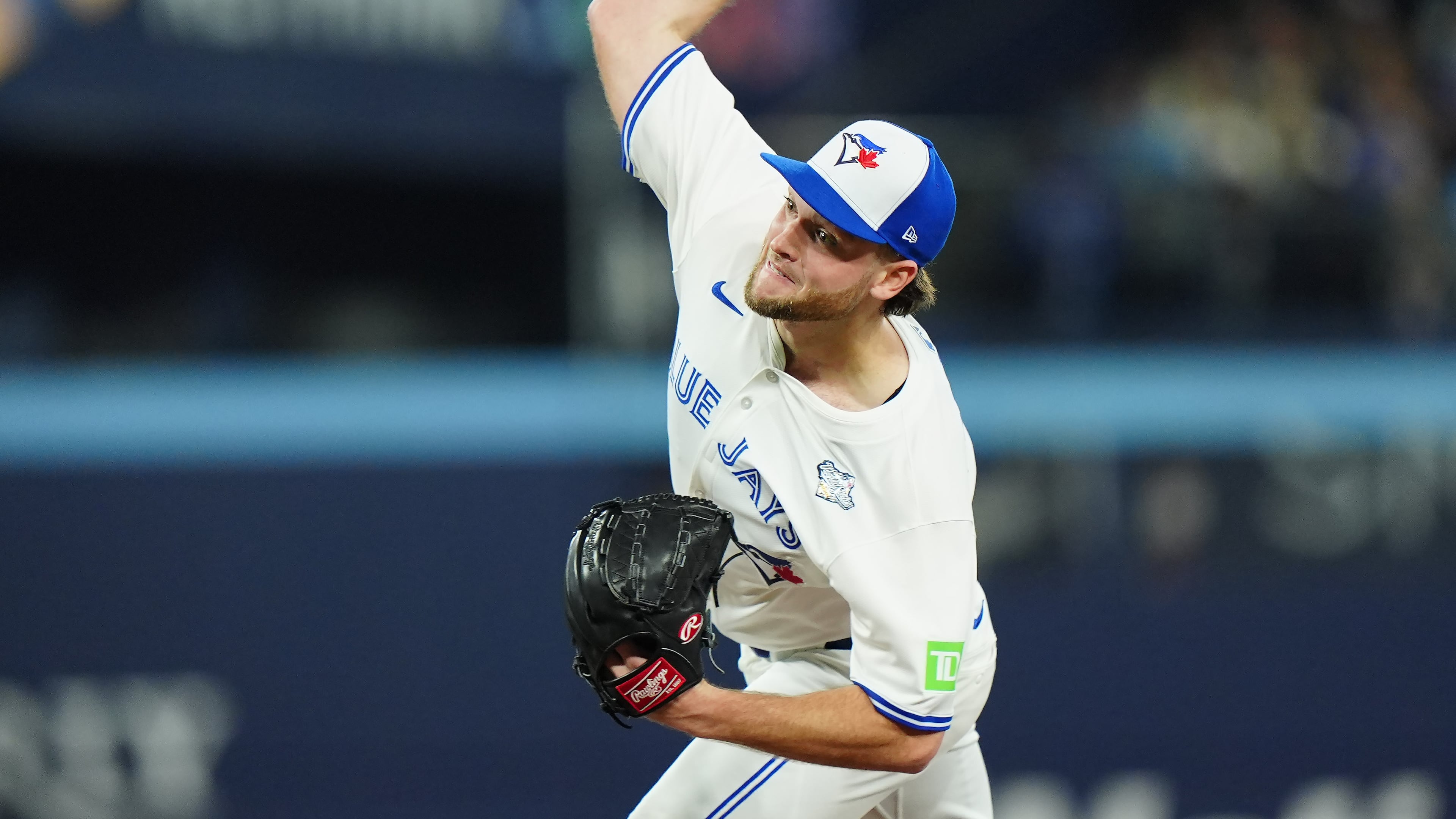 Toronto Blue Jays pitcher Trey Yesavage delivers against the Los Angeles Dodgers during first inning of Game 1 of baseball's World Series in Toronto, Friday, Oct. 24, 2025. (Frank Gunn/The Canadian Press via AP)