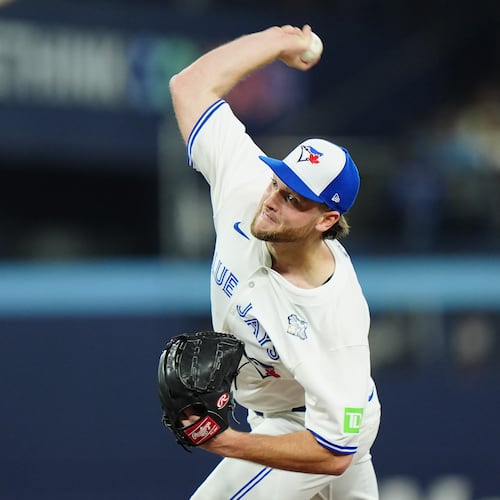 Toronto Blue Jays pitcher Trey Yesavage delivers against the Los Angeles Dodgers during first inning of Game 1 of baseball's World Series in Toronto, Friday, Oct. 24, 2025. (Frank Gunn/The Canadian Press via AP)