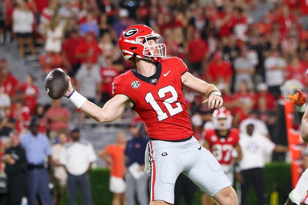 Georgia quarterback Brock Vandagriff (12) attempts a pass during the fourth quarter against UT Martin at Sanford Stadium, Saturday, September 2, 2023, in Athens, Ga. Georgia won 48-7. (Jason Getz / Jason.Getz@ajc.com)