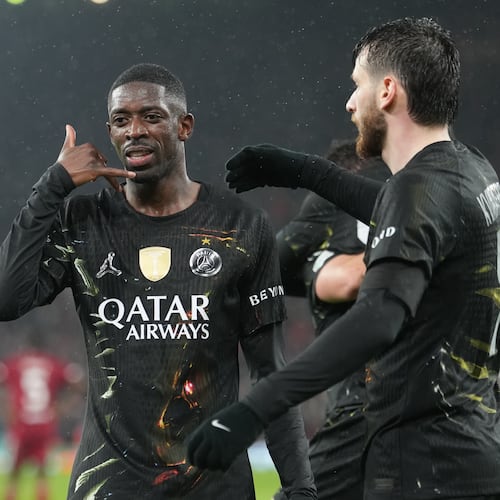 PSG's Ousmane Dembele celebrates after scoring during the Champions League quarterfinal second leg soccer match between Liverpool and Paris Saint-Germain in Liverpool, England, Tuesday, April 14, 2026. (AP Photo/Jon Super)