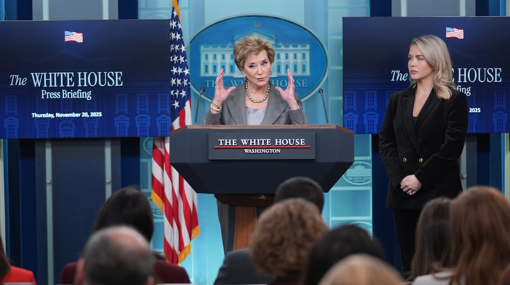 Education Secretary Linda McMahon speaks as White House press secretary Karoline Leavitt listens during a press briefing at the White House, Thursday, Nov. 20, 2025, in Washington, D.C. (Evan Vucci/AP)