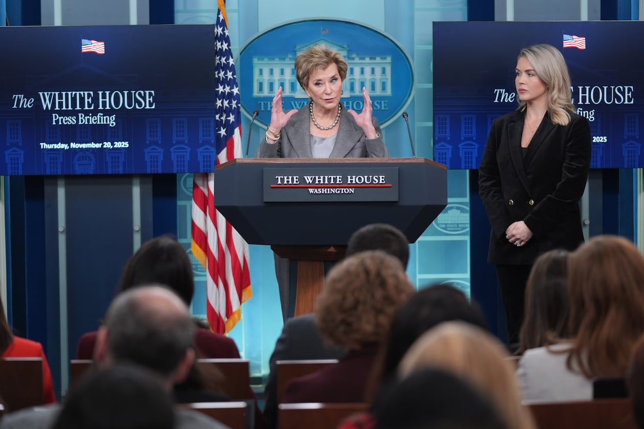 Education Secretary Linda McMahon speaks as White House press secretary Karoline Leavitt listens during a press briefing at the White House, Thursday, Nov. 20, 2025, in Washington, D.C. (Evan Vucci/AP)