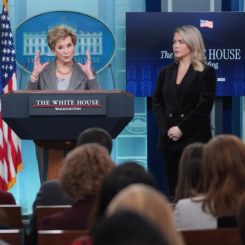 Education Secretary Linda McMahon speaks as White House press secretary Karoline Leavitt listens during a press briefing at the White House, Thursday, Nov. 20, 2025, in Washington, D.C. (Evan Vucci/AP)