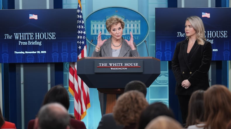 Education Secretary Linda McMahon speaks as White House press secretary Karoline Leavitt listens during a press briefing at the White House, Thursday, Nov. 20, 2025, in Washington, D.C. (Evan Vucci/AP)
