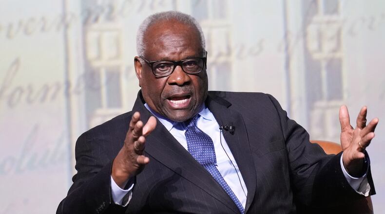 FILE - U.S. Supreme Court Associate Justice Clarence Thomas answers questions during a visit to the University of Texas at Austin, in Austin, Texas, April 15, 2026. (AP Photo/Eric Gay, File)