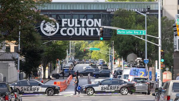 Pryor St Sw in front of the Fulton County Courthouse is closed to traffic in Atlanta Tuesday, August 8, 2023. (Steve Schaefer/steve.schaefer@ajc.com)