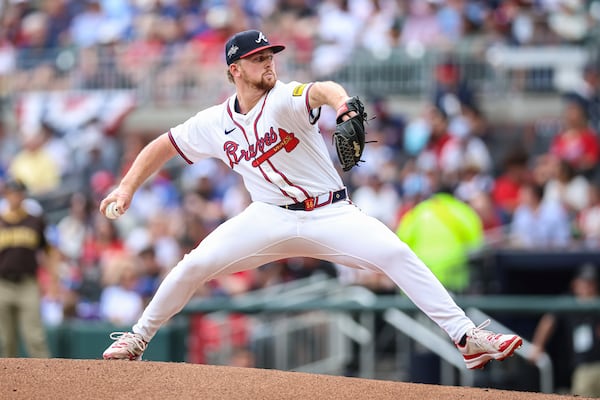 Atlanta Braves pitcher Spencer Schwellenbach delivers in the second inning of a baseball game against the San Diego Padres, Sunday, May 25, 2025, in Atlanta. (AP Photo/Colin Hubbard)
